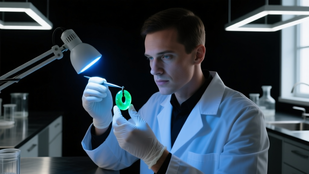 A gemologist examining a thick jadeite bead under long-wave UV light to check for polymer resin fluorescence in a dark room.