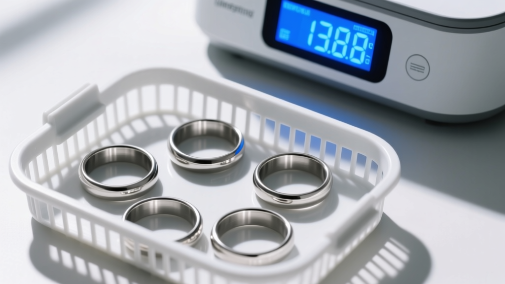 Overhead view of ultrasonic cleaner basket holding plain stainless steel rings, digital timer display glowing blue in background