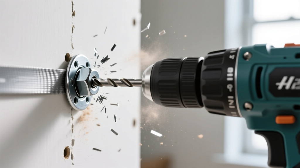 Close-up of a heavy-duty steel strap toggle bolt being secured into a painted white gypsum board wall with a cordless drill