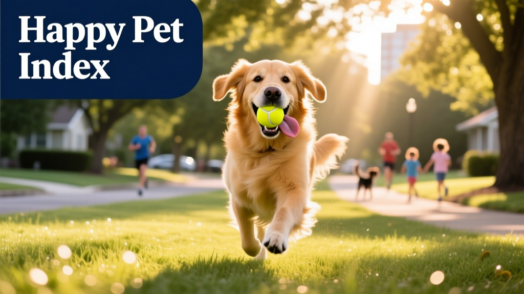 A cheerful golden retriever running through a sunlit park with a tennis ball in its mouth