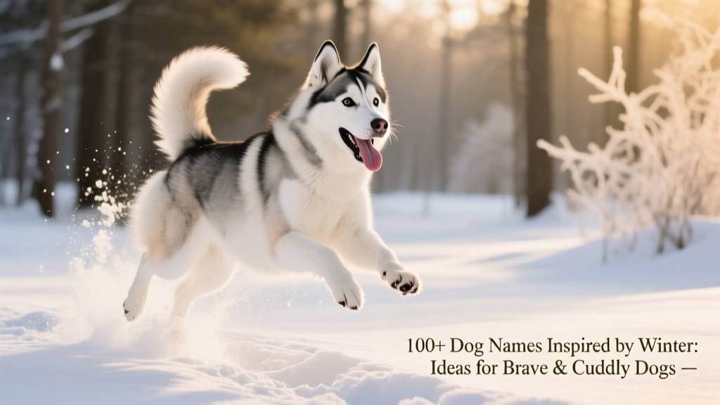 A spirited female Siberian Husky leaping through fresh snow, tongue out and tail high