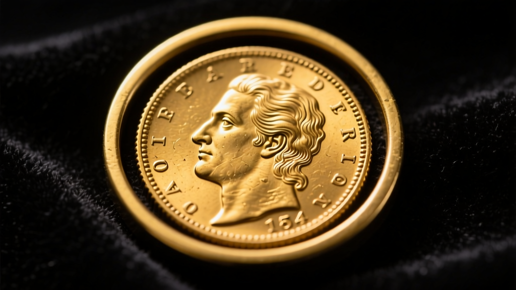Macro shot of an 1854 Liberty Head gold dollar coin in a 14k yellow gold bezel on dark velvet with dramatic lighting.