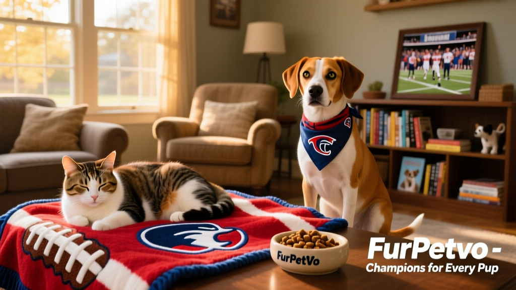 A cozy living room scene with a cat napping on a football-themed blanket and a dog wearing a team bandana beside a bowl of FurPetVo treats