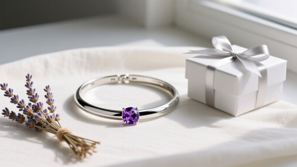 Flat lay featuring a silver-tone Avon amethyst birthstone choker, a wrapped February birthday box, and dried lavender on linen.