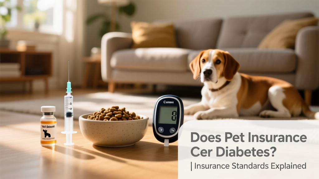 Side-by-side comparison showing insulin vial, syringe, and glucose monitor next to a bowl of vet-approved diabetic pet food