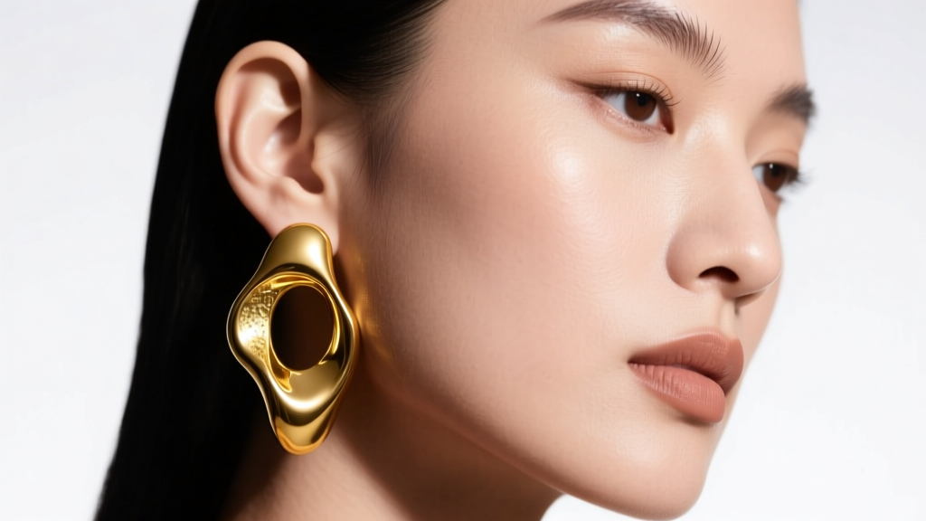 Close-up of a model wearing a bold, molten 14k yellow gold statement earring that drapes over the earlobe, studio lighting