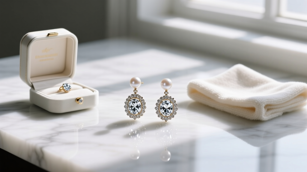 Flat lay of a jewelry cleaning kit, microfiber cloth, and vintage diamond pearl drop earrings arranged neatly on a marble surface.