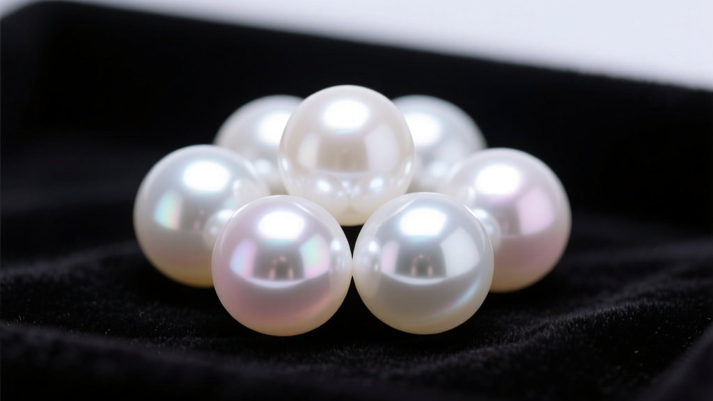 Macro shot of white South Sea pearls on dark velvet showing mirror-like luster and rose overtones under soft studio lighting.
