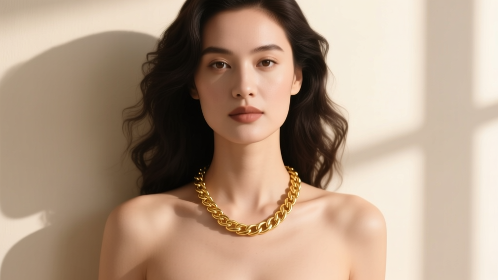 Woman wearing a 22-inch matinee solid 18k gold chain that safely clears the upper chest, captured in warm, soft natural window light.