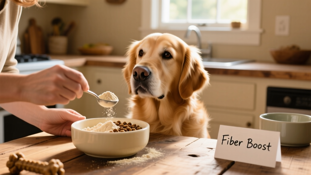 Dog owner gently mixing a scoop of fiber powder into their dog's meal bowl