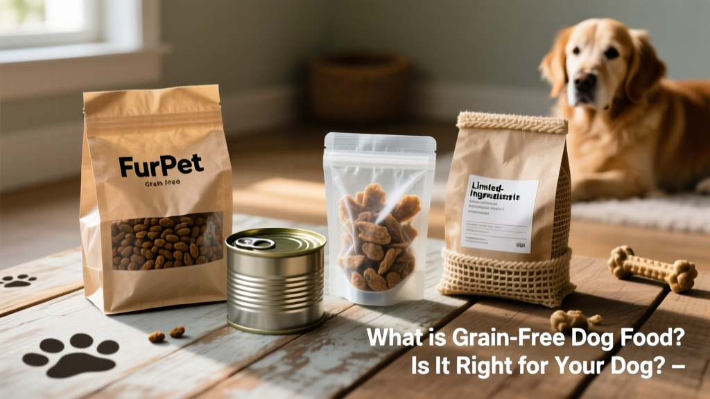 Four FurPetVo grain-free dog food packages arranged neatly on a wooden surface—dry kibble, canned food, dehydrated food, and a limited-ingredient bag
