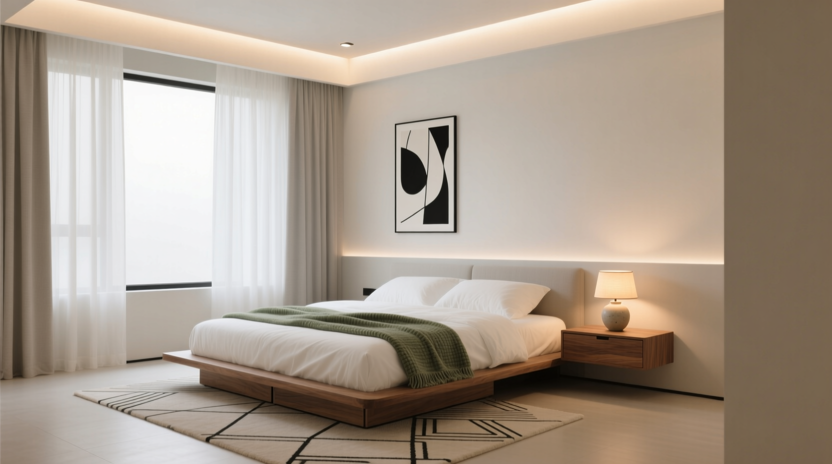 how to create a calming bedroom with minimalist decor and lighting