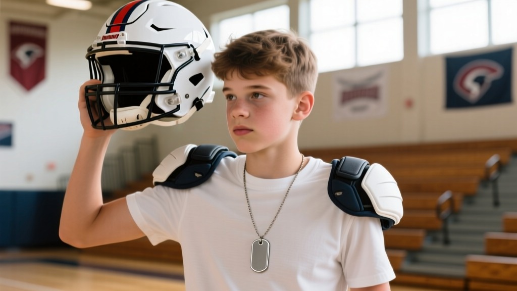 A teenage boy tucking a simple titanium dog-tag necklace under his cotton t-shirt before putting on a football helmet and pads.