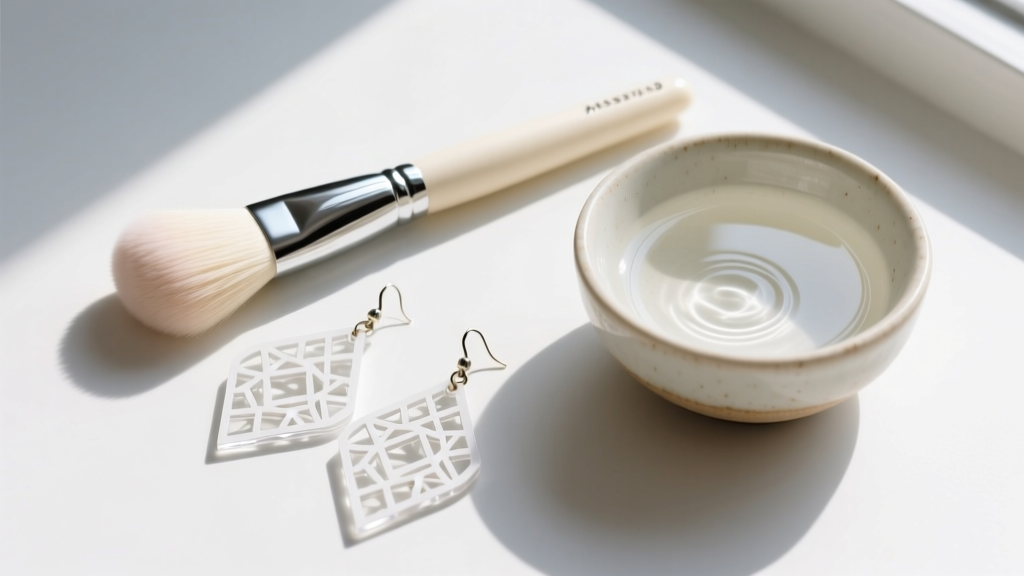 Overhead flat lay of a soft brush cleaning laser-cut white acrylic lace earrings next to a small ceramic bowl of mild soapy water