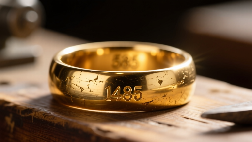 Macro photo of a vintage 14k gold ring shank showing a worn 585 hallmark stamp illuminated by a bright jeweler