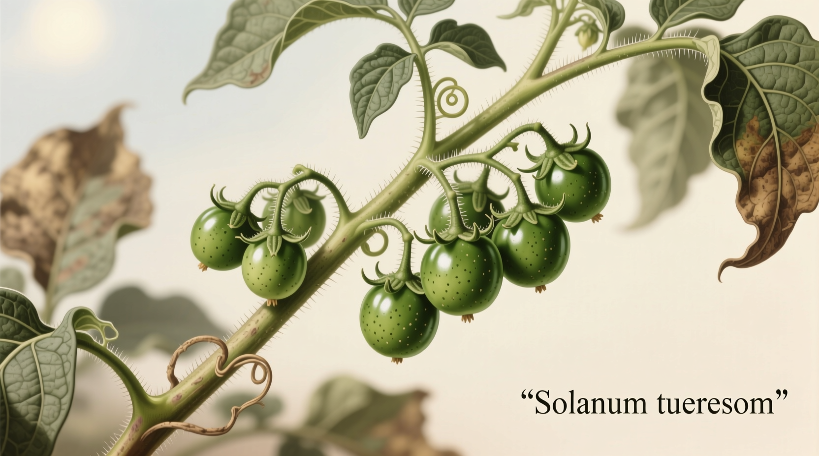 Green potato berries on potato plant stem