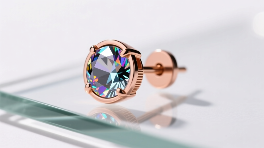 Macro shot of a rose gold magnetic stud earring on glass, showing the gemstone and a detached silicone-coated magnetic backing.