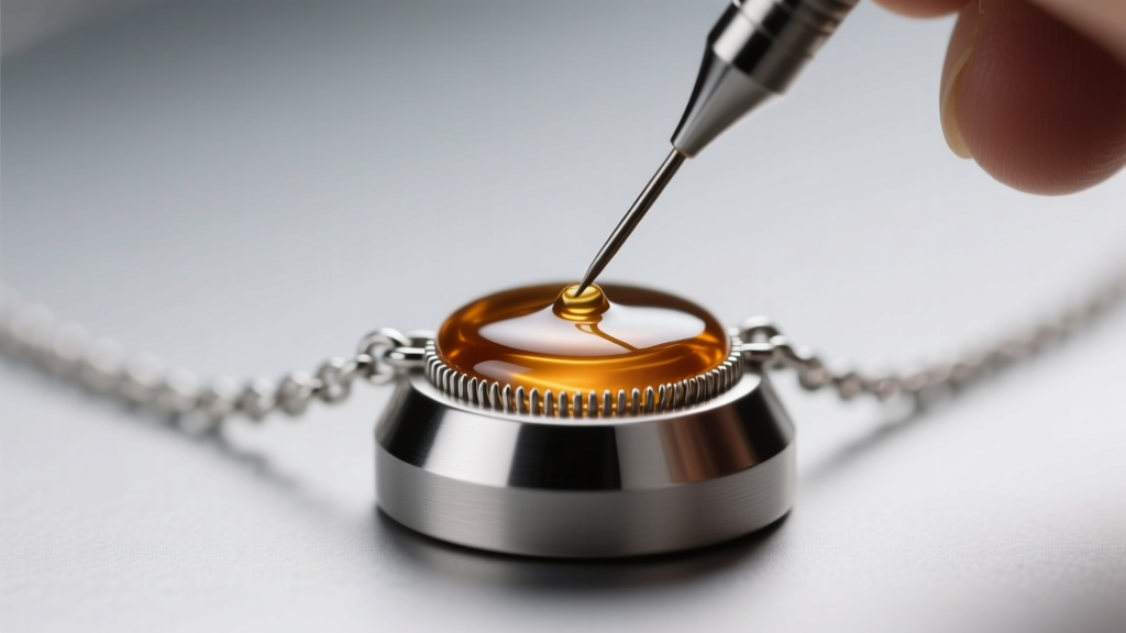 Close-up of a jeweler applying UV resin sealant to the micro-threads of a titanium ash necklace holder cap using a fine needle.
