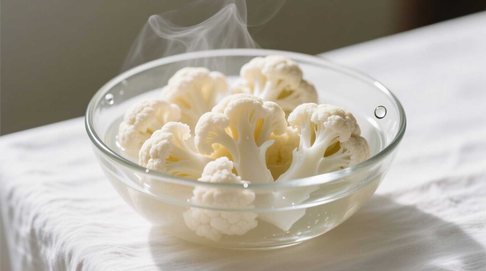 Perfectly boiled cauliflower florets in a glass bowl