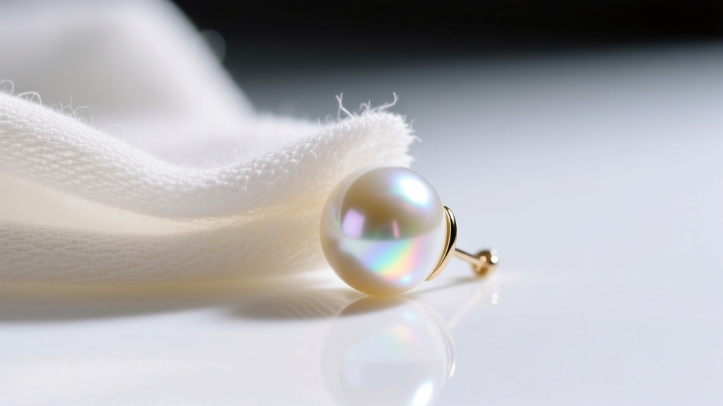 Macro photo of a soft microfiber cloth gently wiping a luminous white Akoya pearl earring, highlighting the pristine nacre surface.