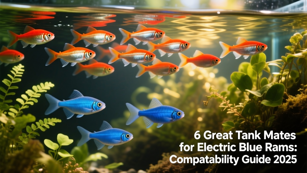 Rummy Nose Tetras schooling tightly near the surface while Electric Blue Rams hover below among aquatic plants