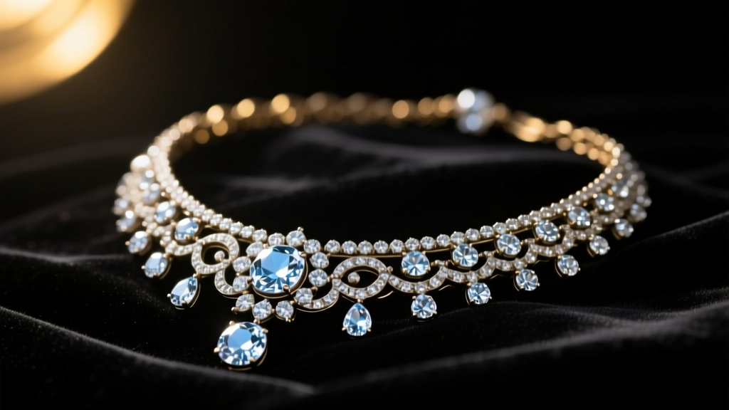 A dramatic close-up of a vintage 19th-century diamond necklace resting on dark velvet, illuminated by a single warm spotlight
