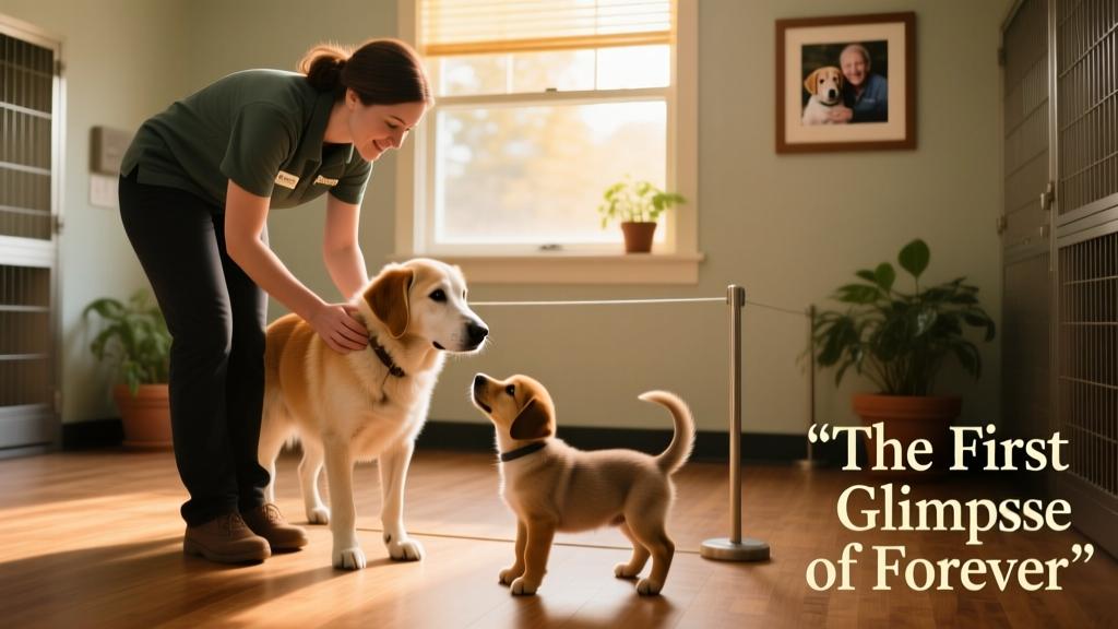 A FurPetVo adoption counselor gently guiding a dog and puppy through their first supervised meeting