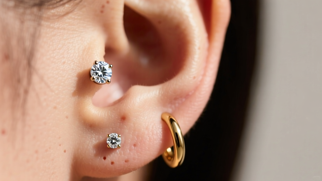 Macro shot of an earlobe with a double piercing, featuring a 4mm bezel-set diamond stud and a small, seamless 14k gold hoop.