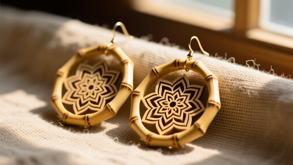 Close-up of geometric bamboo hoop earrings with laser-etched mandala patterns, resting on raw linen cloth in warm sunlight.