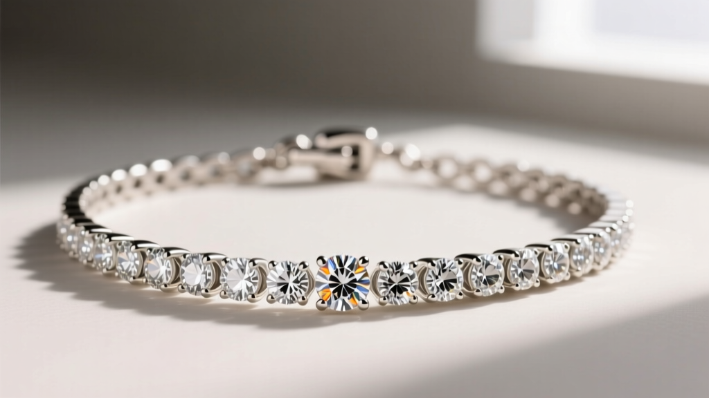 Macro shot of a bezel-set riviera diamond necklace, showing smooth white gold rims surrounding each sparkling round cut gemstone.