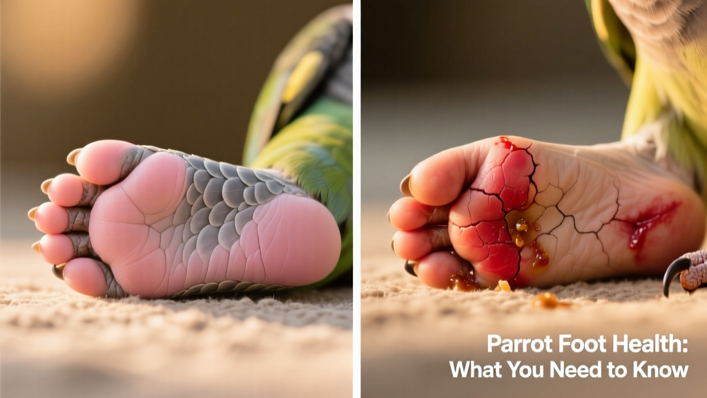 Side-by-side comparison of healthy vs. inflamed parrot foot pads