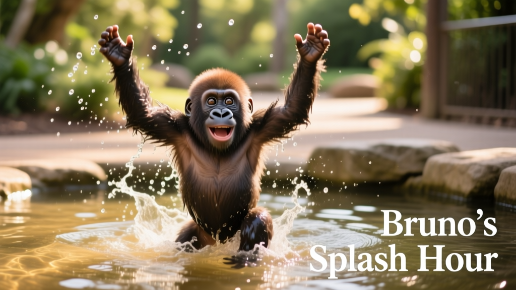 Bruno the gorilla splashing in a shallow water feature at the Fort Worth Zoo, arms raised mid-splash, water droplets catching the light