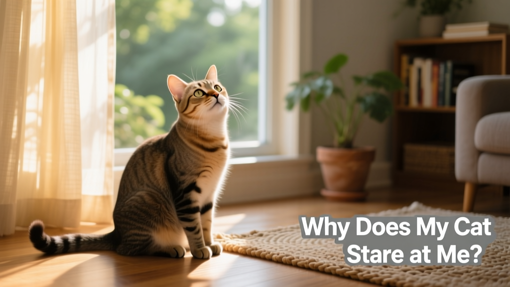 Cat looking upward with gentle, attentive expression, seated near a sunlit window.