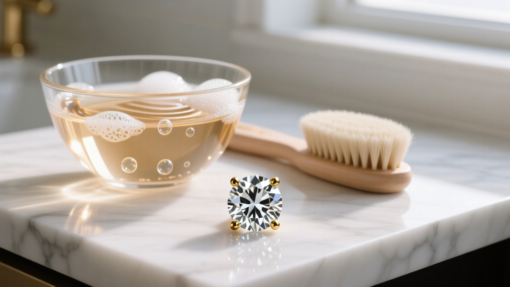 Glass bowl of warm soapy water and a soft brush next to sparkling diamond solitaire gold studs on a white marble counter.