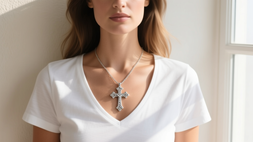 Woman wearing a sterling silver scapular necklace over a white tee, showing the front pendant resting just below the collarbone.