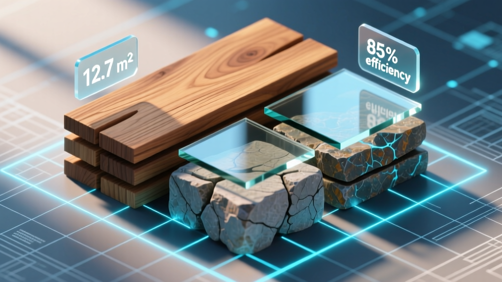 Isometric render of virtual timber, stone blocks, and glass panes stacked on a glowing digital blueprint grid with yield data