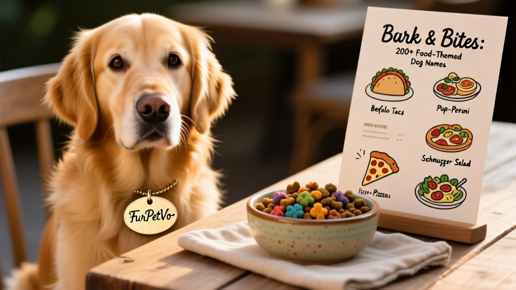 A golden retriever sitting proudly beside a custom engraved dog tag that reads 'FurPetVo' in elegant script, next to a bowl of gourmet kibble and a hand-drawn menu of food-themed names