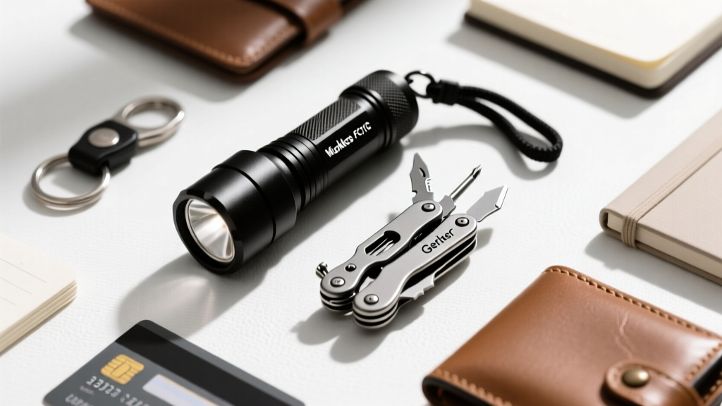 Overhead view of a complete everyday carry pocket dump featuring the Wurkkos FC11C flashlight and Gerber Dime multitool