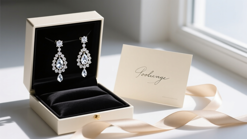 Open gift box displaying dazzling chandelier drop earrings on black velvet, beside a handwritten greeting card and a silk ribbon.