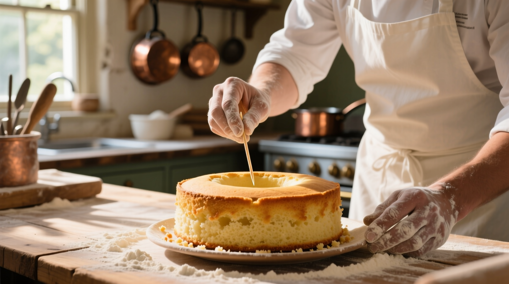 Professional baker testing cake doneness with toothpick