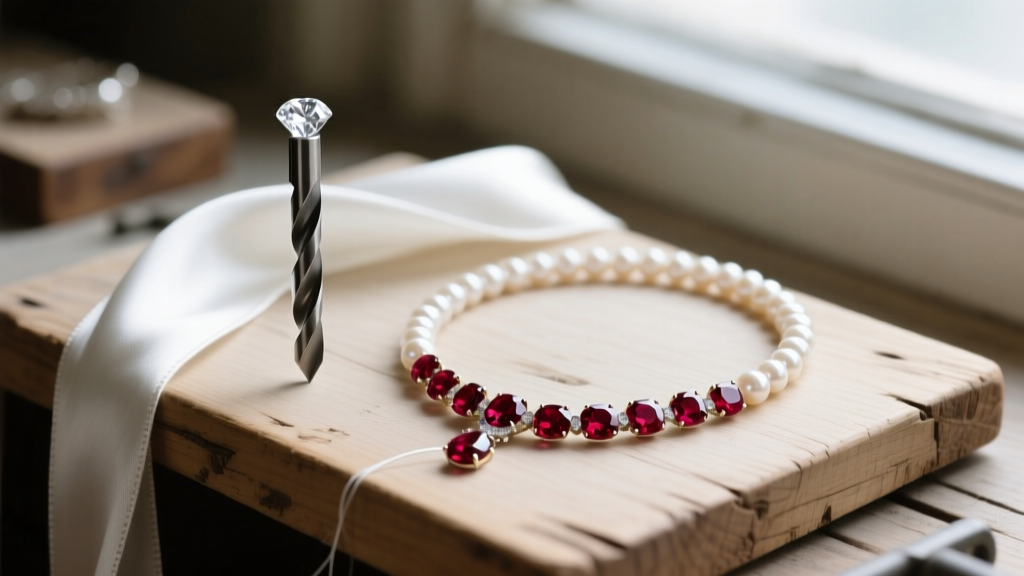 White silk thread and a diamond drill bit next to a partially strung pearl and ruby necklace on a wooden jeweler