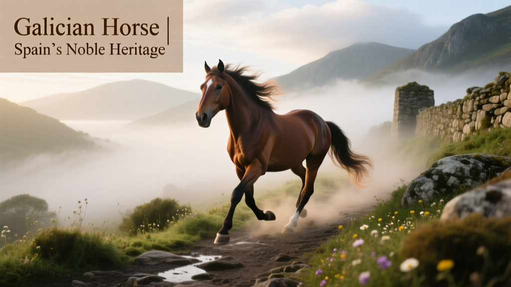 Cantering bay Galician horse traversing a misty mountain trail in Galicia