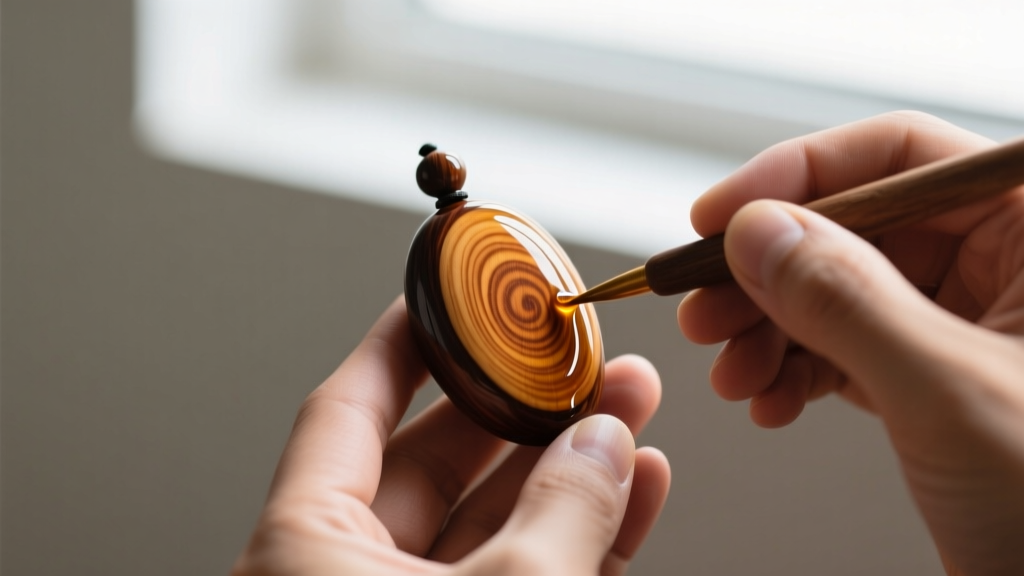 Artisan hands applying natural tung oil to a freshly carved kukui nut pendant, highlighting the rich wood grain and amber tones.