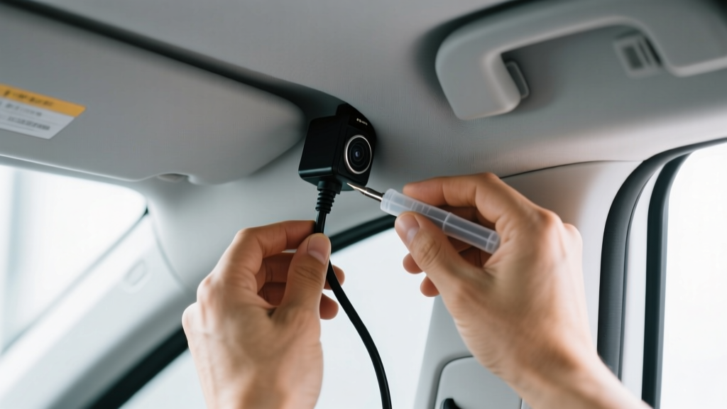 Hands using plastic trim removal tool to tuck dash cam power cable into car roof headliner near A-pillar during installation