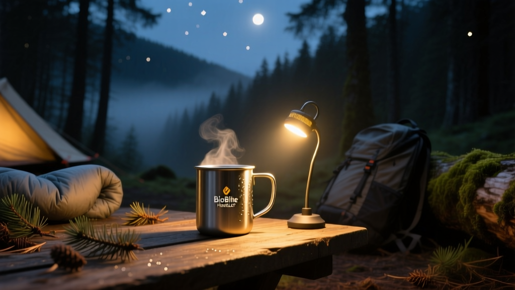 Nighttime campsite scene illuminated by the warm 325-lumen beam of a BioLite HeadLamp, highlighting a stainless steel reusable coffee mug.