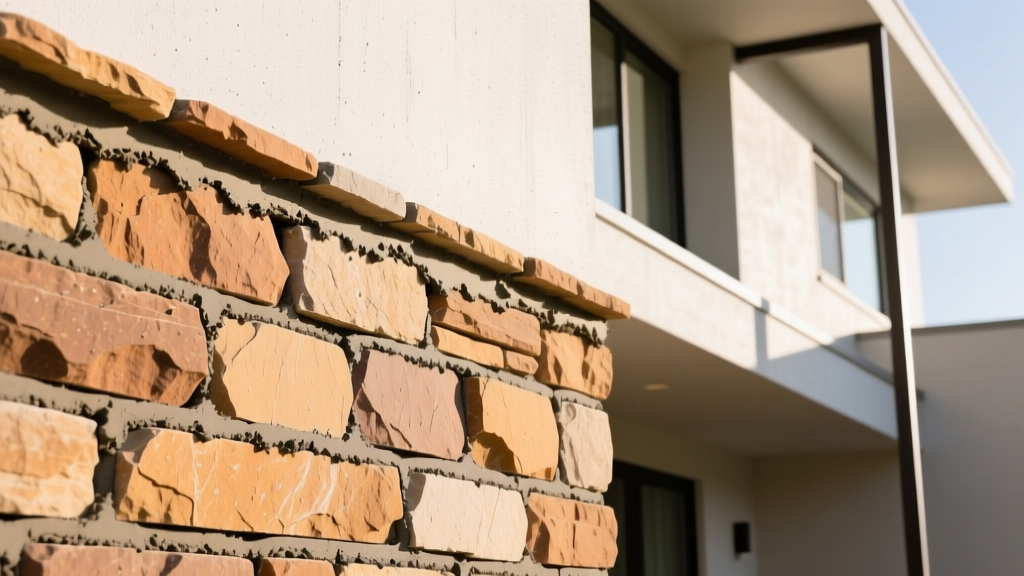 Close-up of ledgestone veneer cultured stone in warm earth tones being applied with mortar to a modern exterior home facade