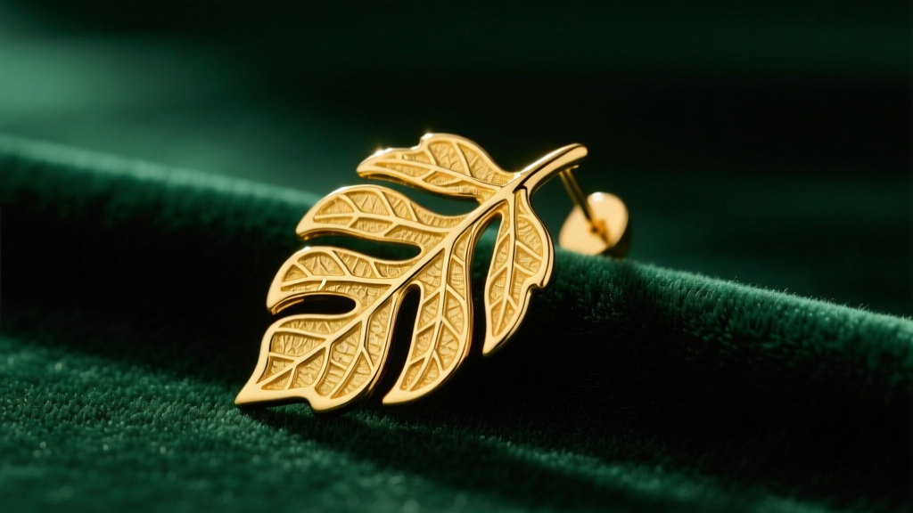 Close-up of an 18k yellow gold leaf earring with intricate venation, resting on dark green velvet under warm studio lighting