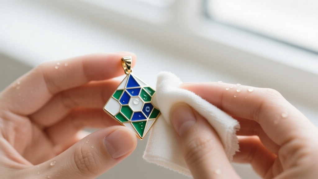 Hands using a soft microfiber cloth and mild soapy water to gently wipe a zinc alloy pendant with cold enamel geometric shapes