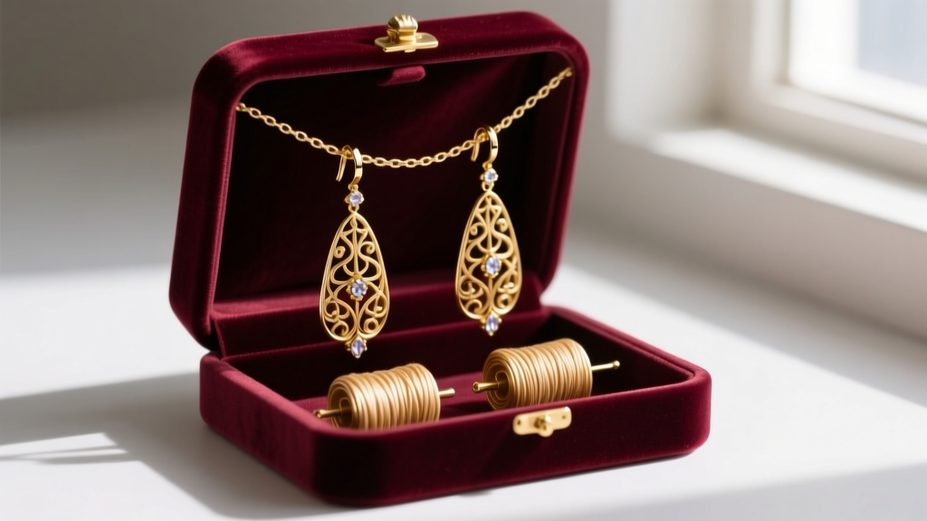 Velvet jewelry box showing two long gold dangle earrings hung on individual rolls to prevent chain tangling and surface scratches
