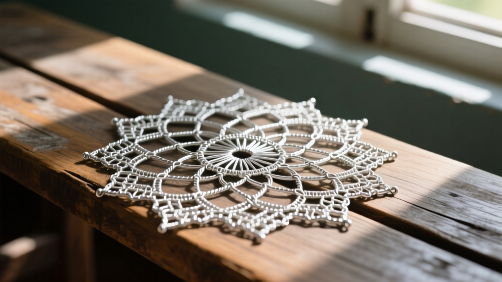 Macro photography of 26-gauge sterling silver filigree wire woven into a traditional Puerto Rican mundillo pattern on a bench.